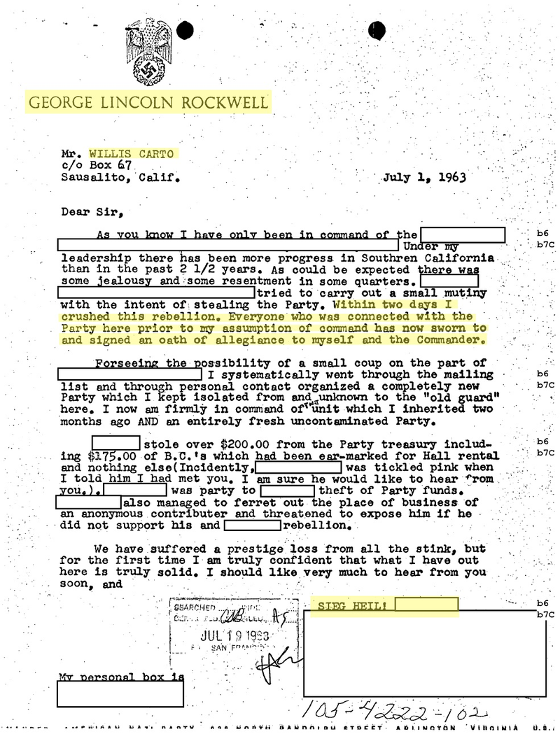 Letter from an unknown member of the Nazi Party to Willis Carto dated July 1, 1963